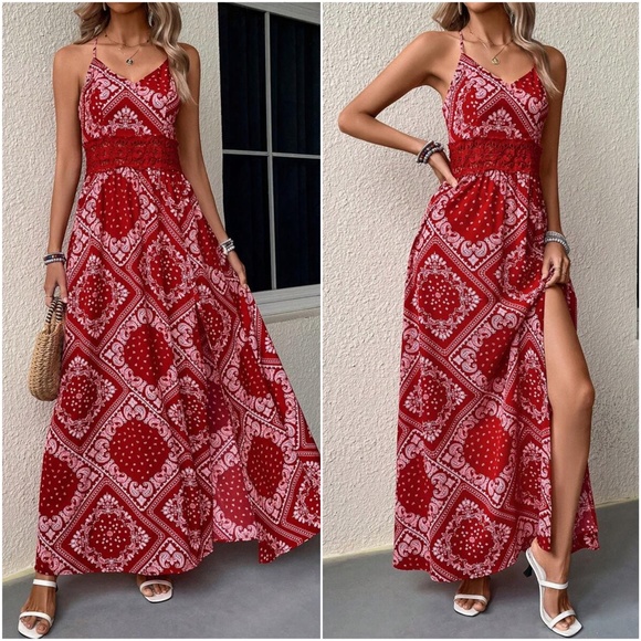 Dresses & Skirts - Boho Paisley Print Racerback cami Lace Maxi Dress